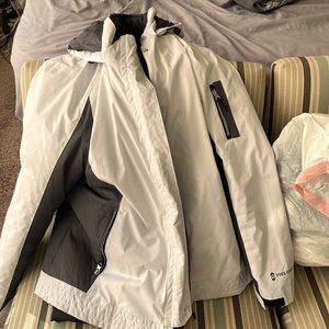 White and Grey free country radiance winter coat good for skiing or snowboarding